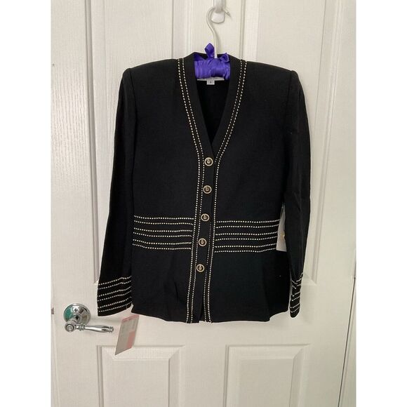 NWT St. John Collection Knit Black Metallic Gold Trim Cardigan Sweater Size 4